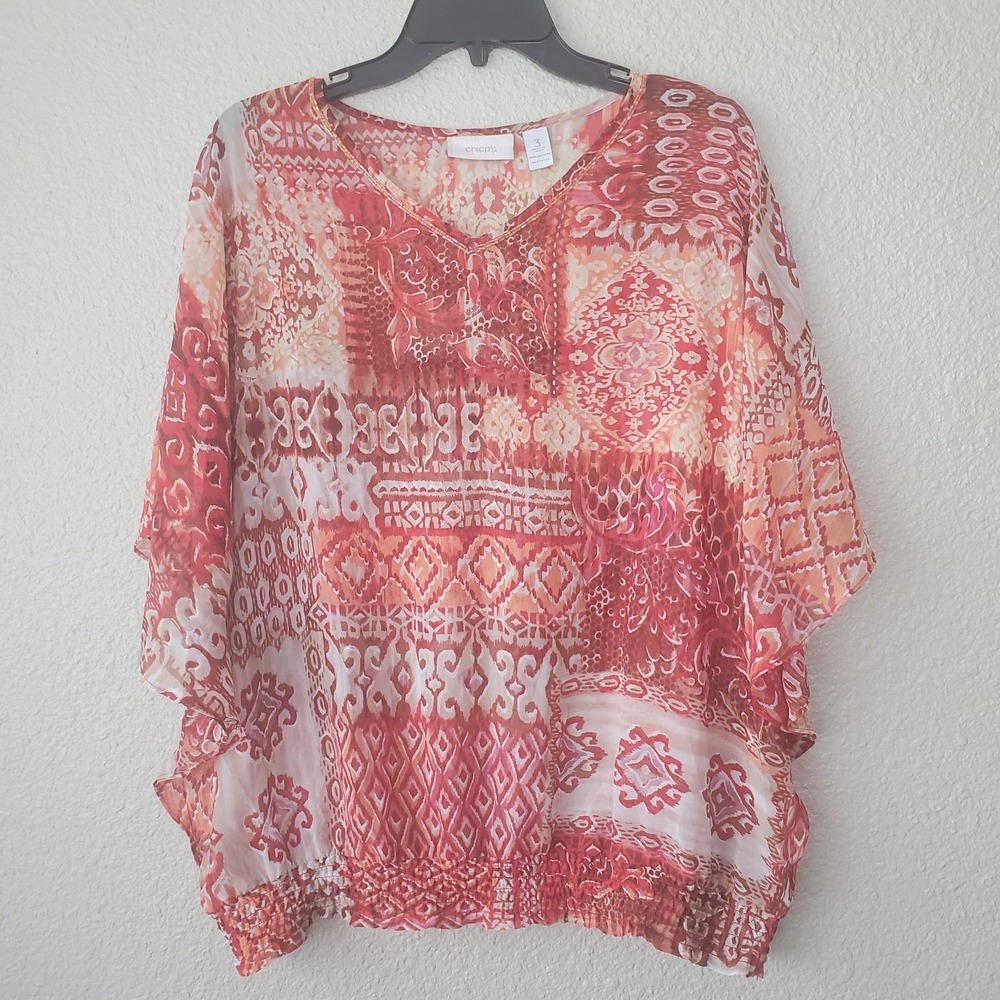 Chico's‎ Red Orange Ikat Beaded V-Neck Smocked Hem Blouse Top Size 3 XL